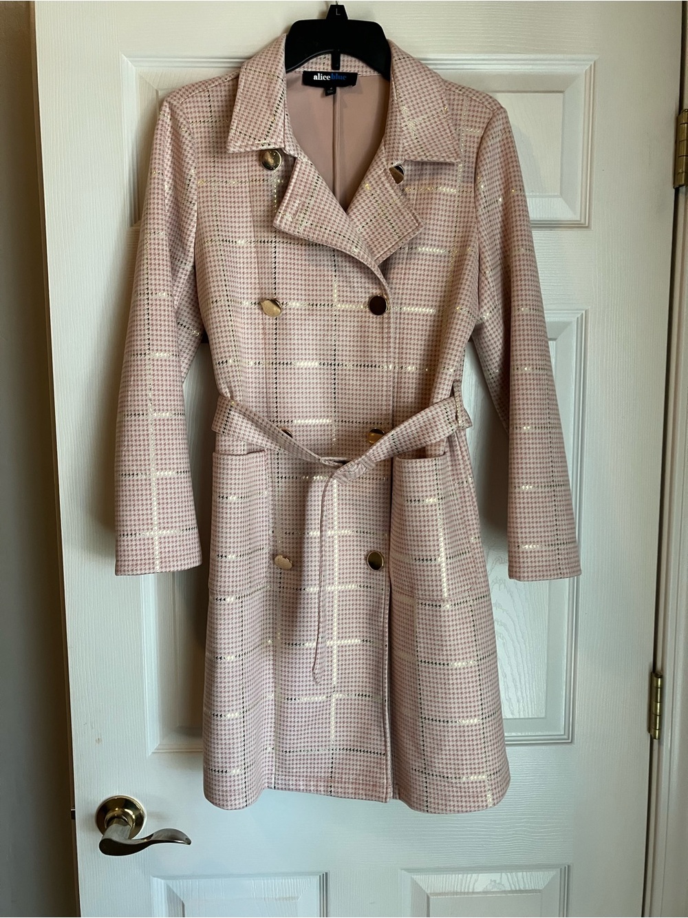 Alice Blue Pink Plaid Trench Coat with Gold Buttons